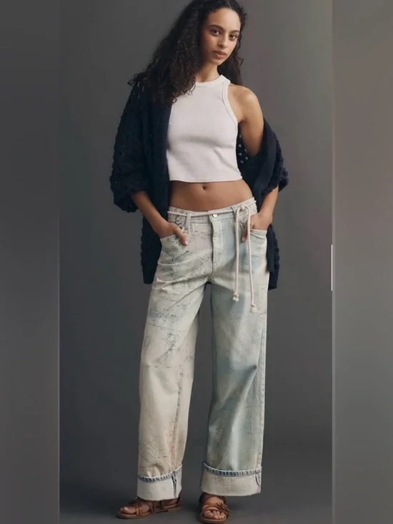 Anthropologie High-Rise Slouch Wide-Leg Map Pattern Jeans Women’s 26 Brand New - Picture 1 of 4